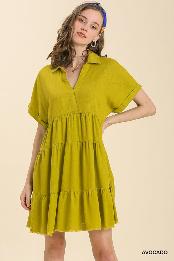Umgee Linen Blend Short Folded Sleeve V-Neck Collared Ruffle Tiered Dress with Frayed Hem