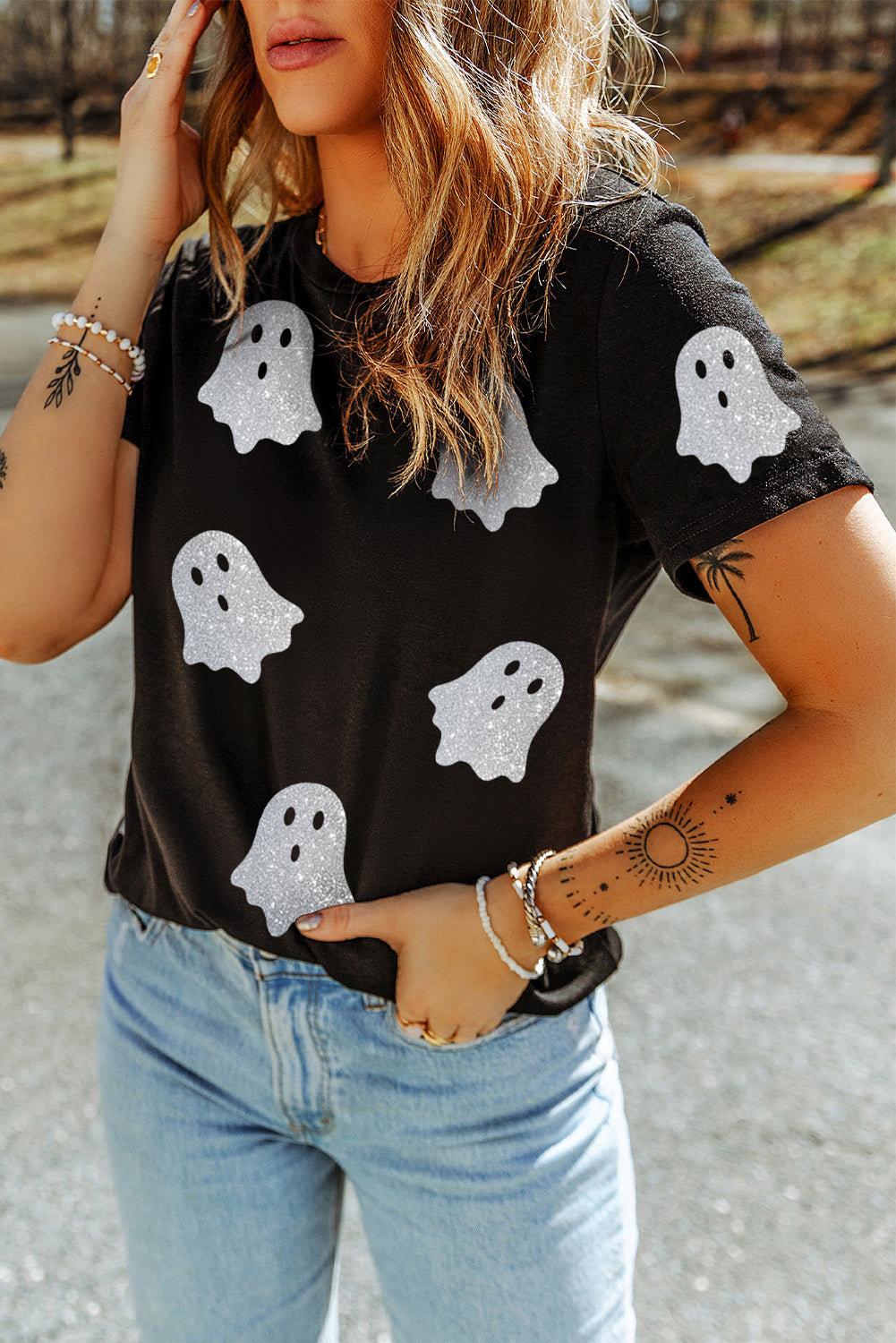 Black Glitter Ghost Pattern Crew Neck Halloween Graphic T Shirt