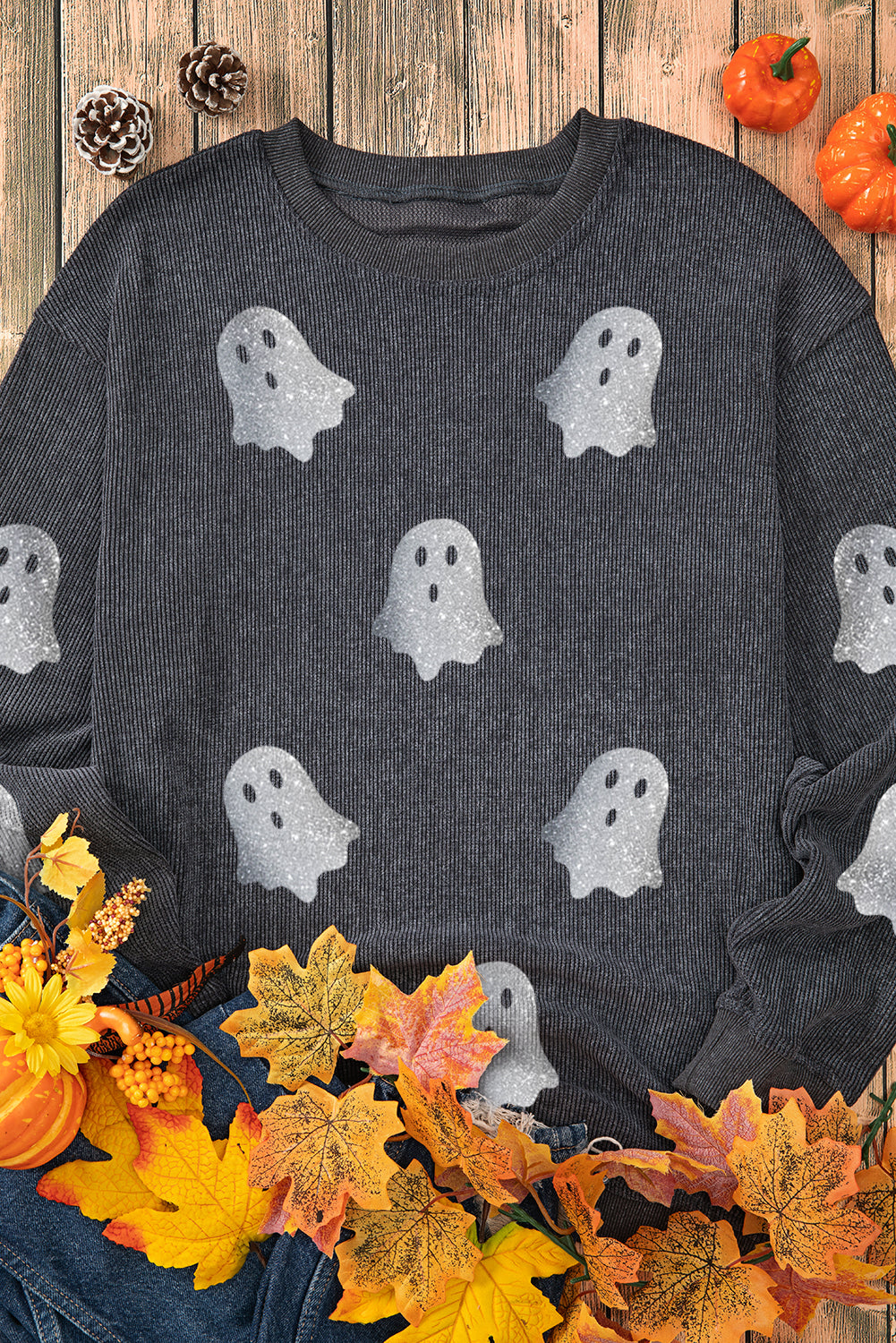 Blue Halloween Ghost Corded Crew Neck Loose Sweatshirt