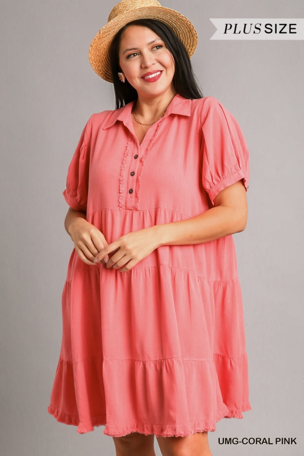 Umgee Linen Collared Tiered Dress with Pleated Sleeves & Coconut Button