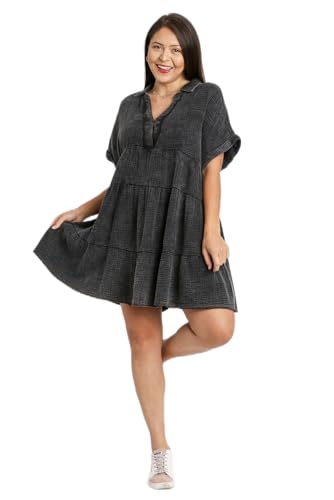 Umgee Mineral Wash Frayed Details Tiered Babydoll Dress