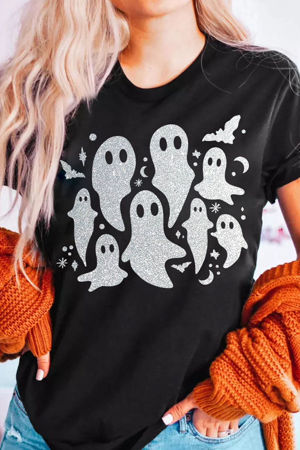 Black Halloween Glitter Ghost Pattern Graphic T Shirt