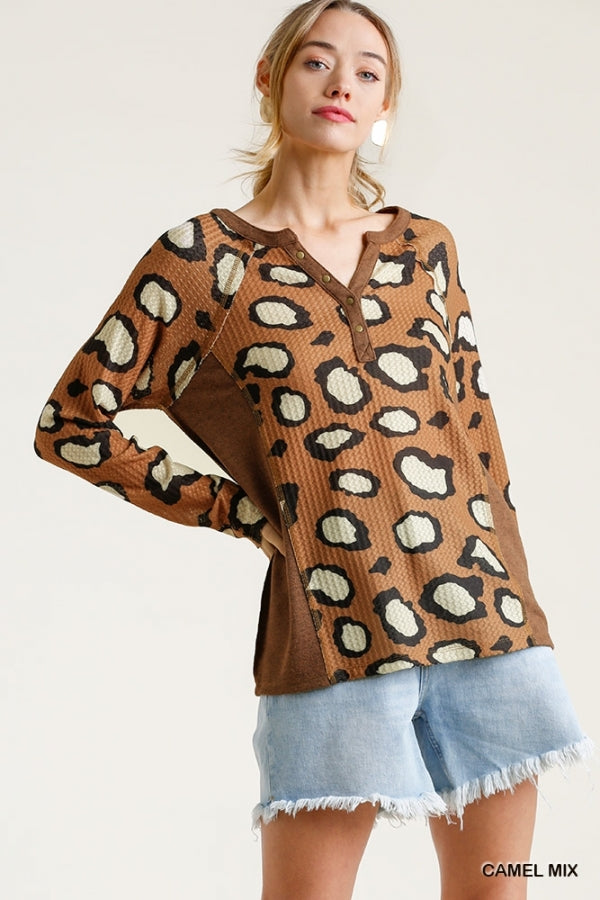 Umgee Animal Print Half Button Front Long Sleeve Waffle Knit Top with Raw Edged Detail