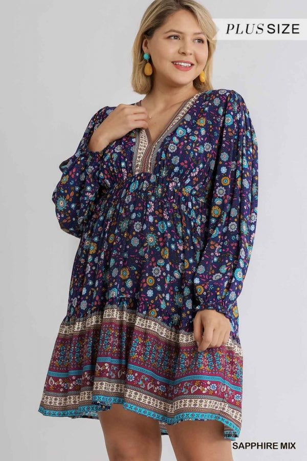 Umgee Floral Border Print V-Neck Long Puff Sleeve Babydoll Dress with Pleated Waist Detail and No Lining