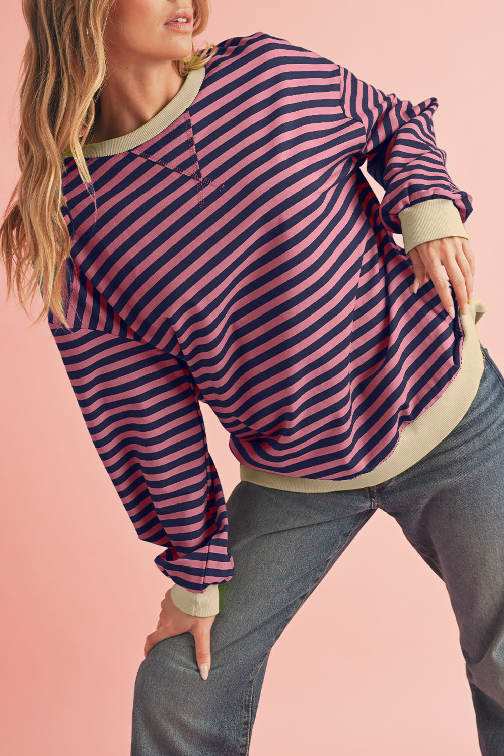 Sky Blue Stripe Contrast Edge Oversized Pullover