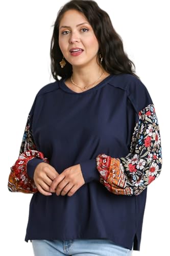 Umgee Solid French Terry Top with Floral Printed Boarder on Sleeves