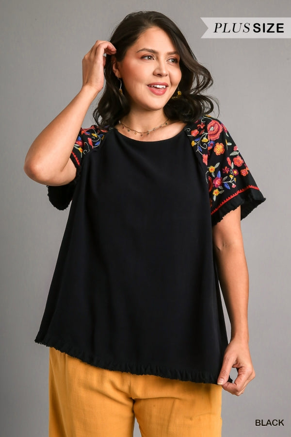 Umgee Embroidery Round Neck Short Sleeve Linen Top with Frayed Ruffle Trim, Floral Embroidered Sleeves & Seam Detail