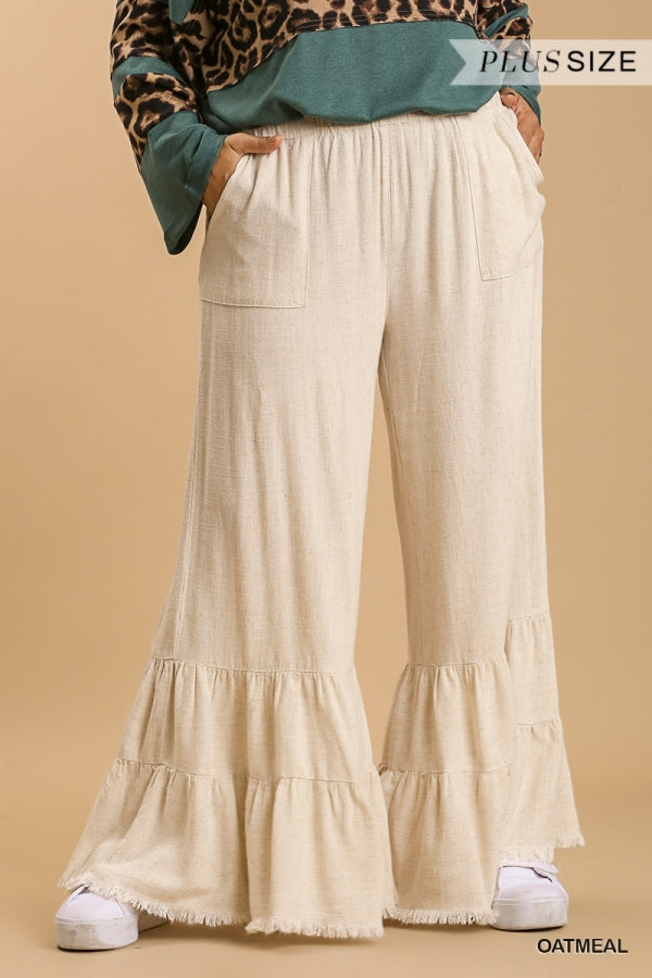 Umgee Linen Blend Wide Ruffle Leg Pants with Pockets and Frayed Hem