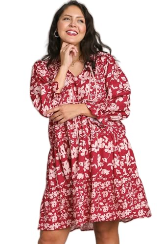 Umgee Floral Printed Mixed Tiered Dress 3/4 Sleeve