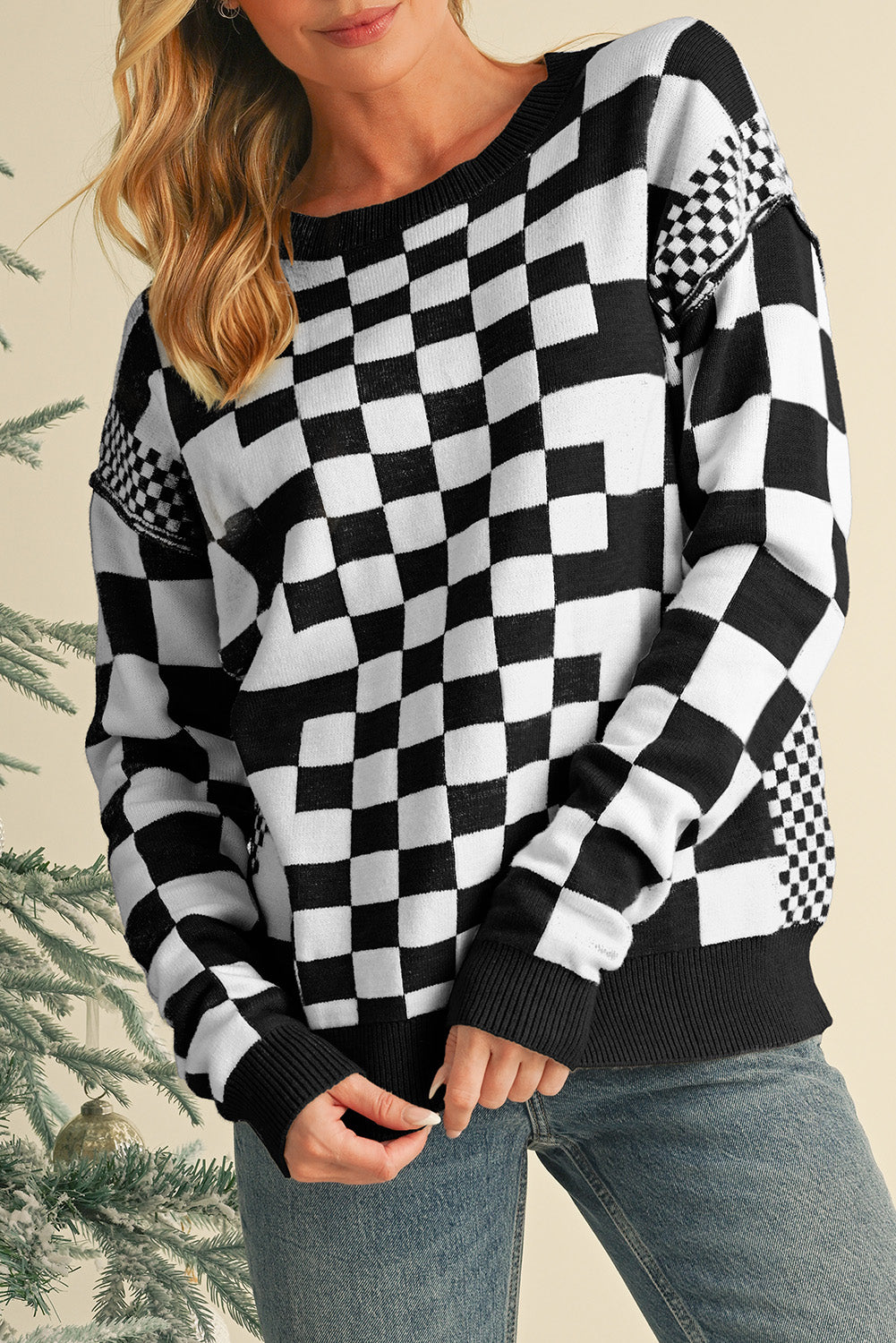 Khaki Checkered Drop Shoulder Round Neck Sweater