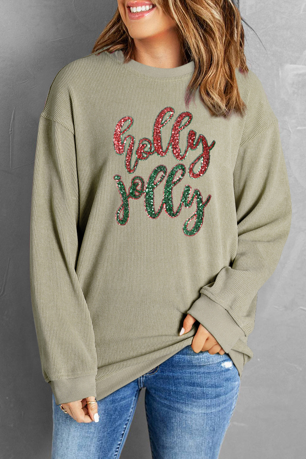 Green Crinkle Rib Christmas Tree Sequin Graphic Sweatshirt