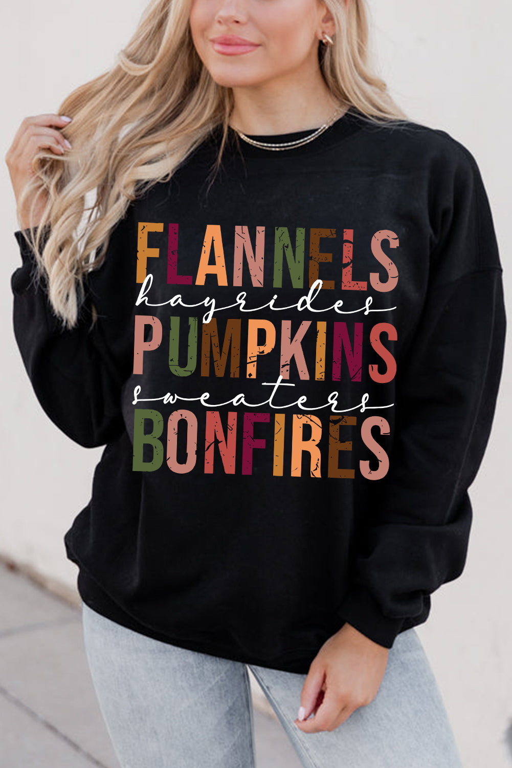 Black FLANNELS PUMPKINS BONFIRES Graphic Sweatshirt