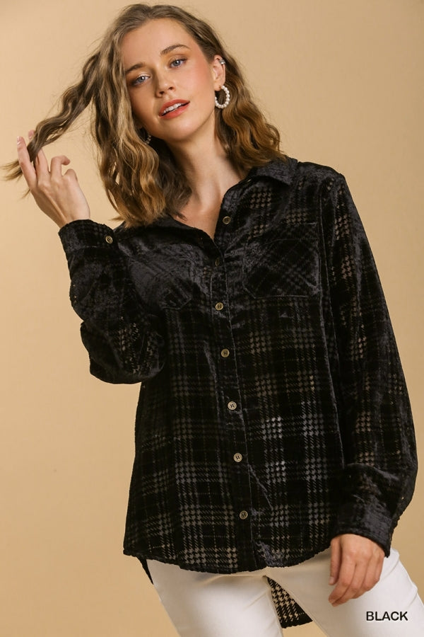 Umgee Burnout Velvet Long Sleeve Button Up Top with Pockets