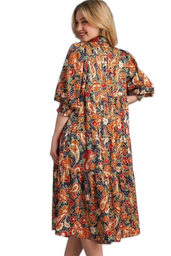 Umgee USA Satin Paisley Tiered Midi Dress with Collar