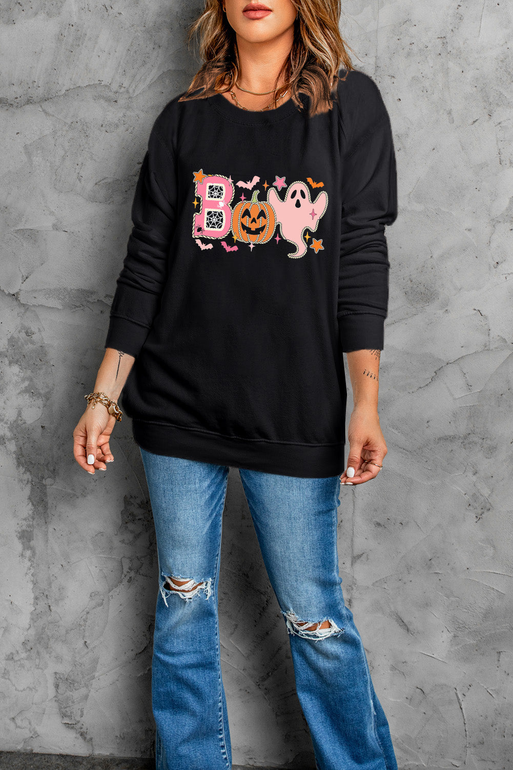 Black BOO Pumpkin Ghost Print Graphic Halloween Sweatshirt