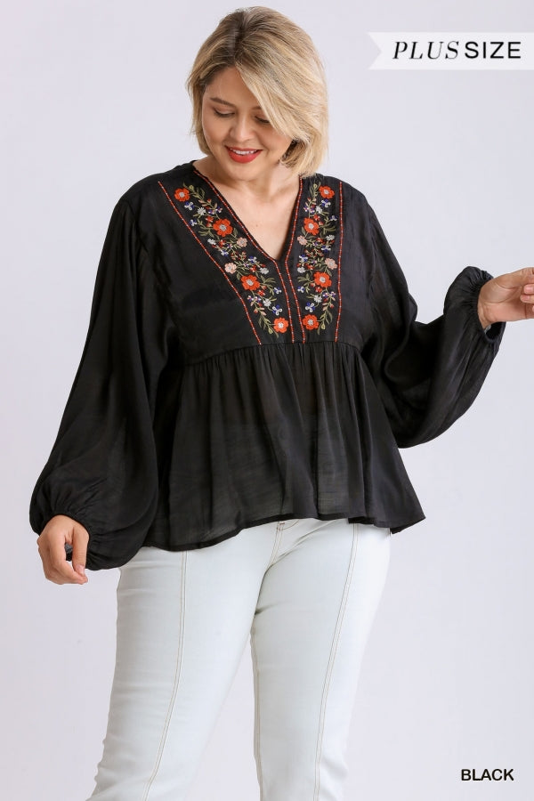 Umgee Embroidered Yoke V-Neck Long Sleeve Top