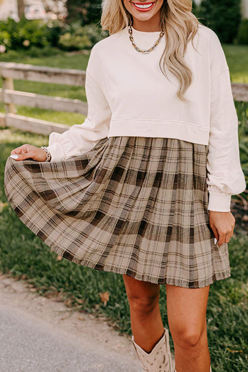 Beige Plaid Patchwork High Waist Sweatshirt Mini Dress