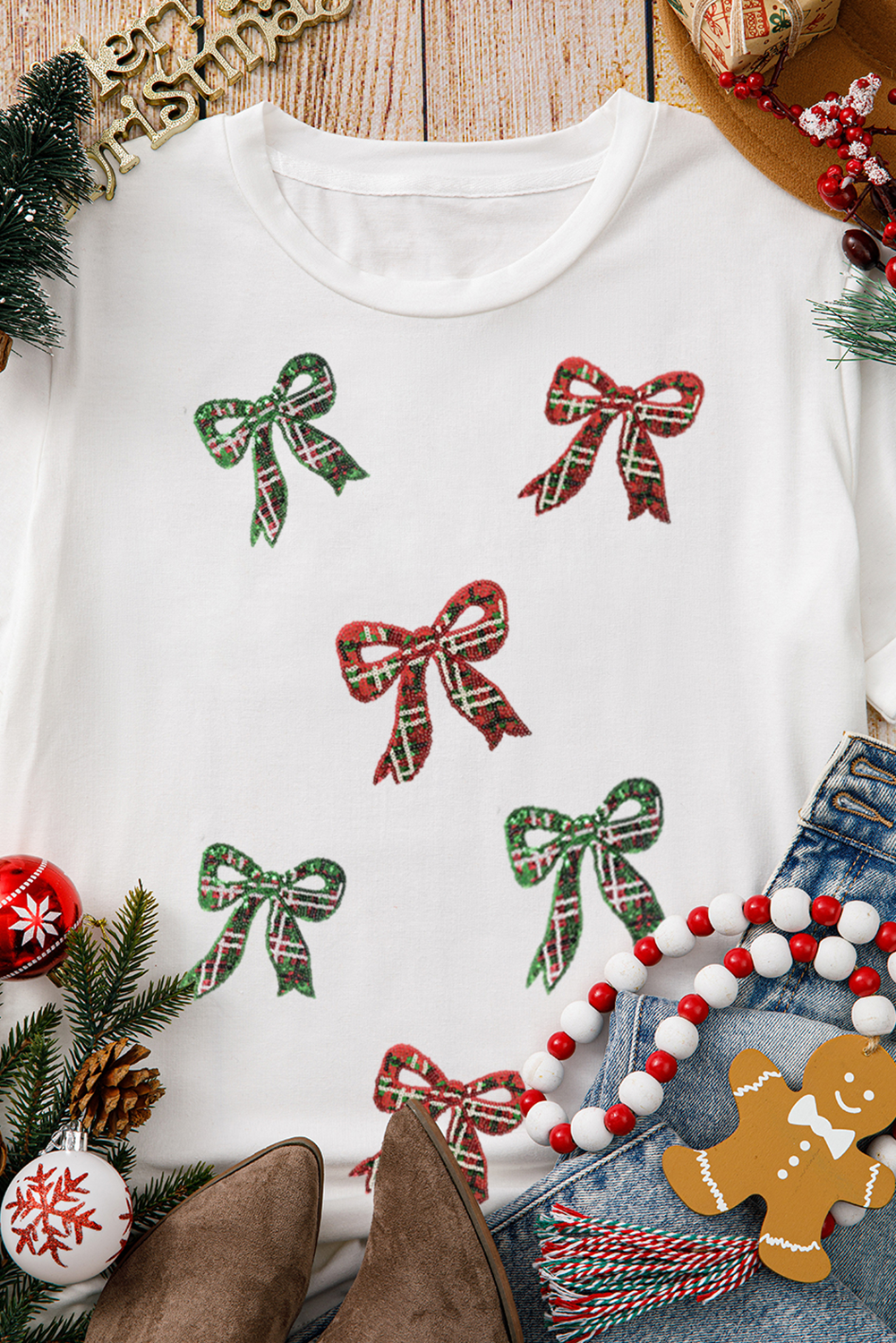 White Christmas Bowknot Patched Graphic Cotton Blend T Shirt