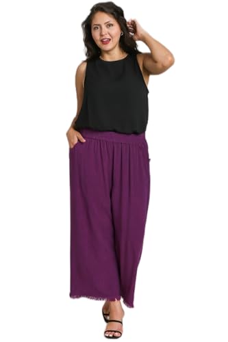 Umgee Wide Leg Pant with Elastic Waist, Pockets, and Frayed Hem