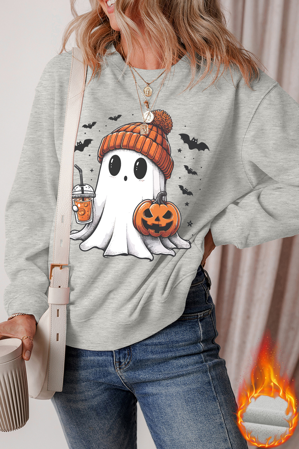 Gray Halloween Ghost Print Crewneck Drop Shoulder Sweatshirt