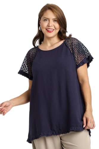 Umgee Linen Blend Floral Crochet Detailed Short Sleeve Round Neck Top with Fringed Hem