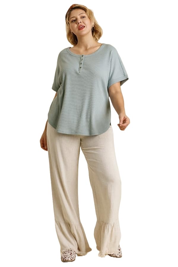 Umgee Button Front Round Neck Short Sleeve Ribbed Top with Round Hem