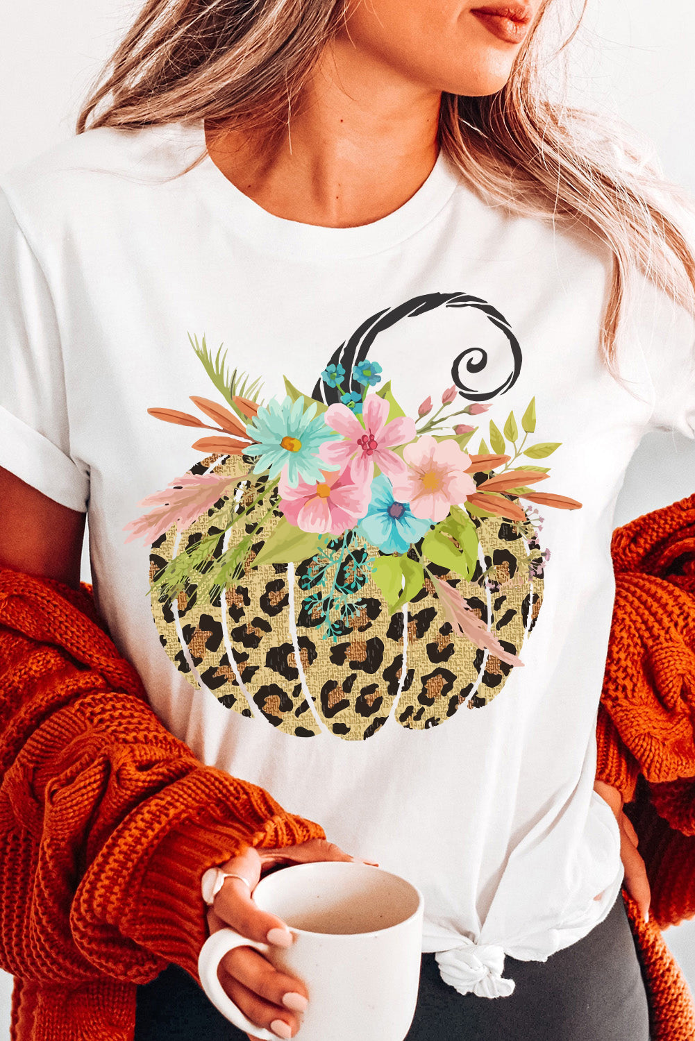 White Floral Leopard Pumpkin Graphic Halloween T Shirt