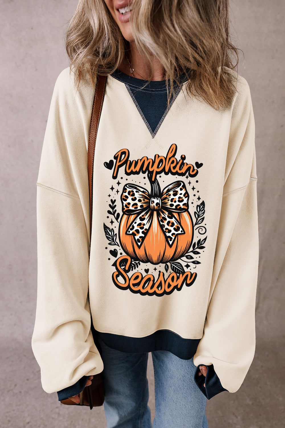 White Pumpkin Season Bow Colorblock Edge Graphic Sweatshirt