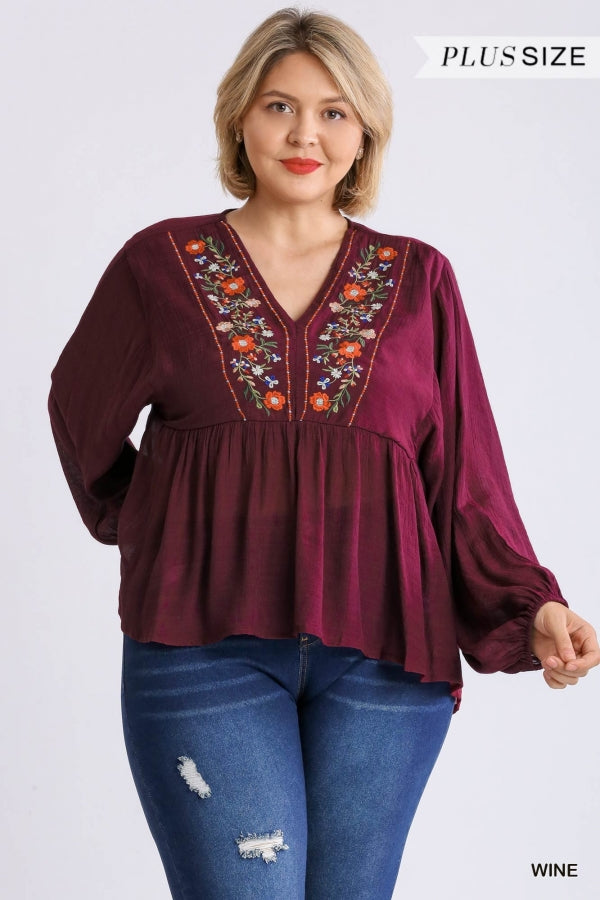 Umgee Embroidered Yoke V-Neck Long Sleeve Top