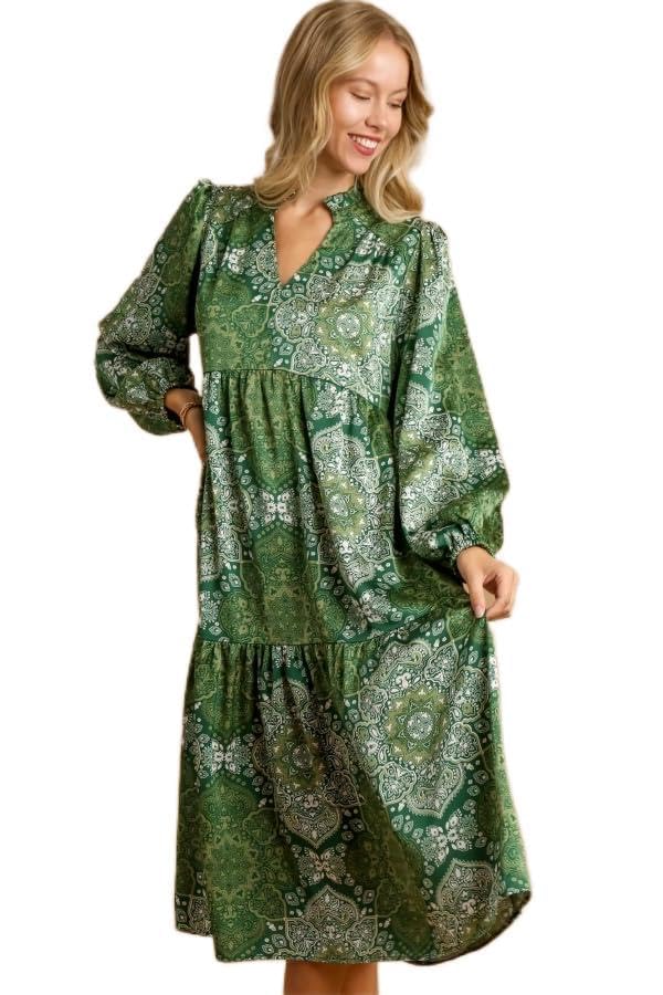 Umgee USA V-Notched Ruffle Printed Long Sleeve Maxi Dress