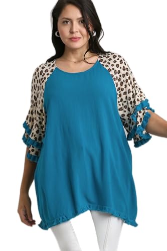 Umgee Linen Blend Animal Print Layered Bell Sleeve Round Neck Top with Frayed Hem Details