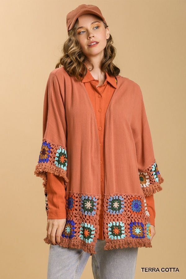 Umgee Linen Blend Open Front Color Crochet Long Sleeve Kimono