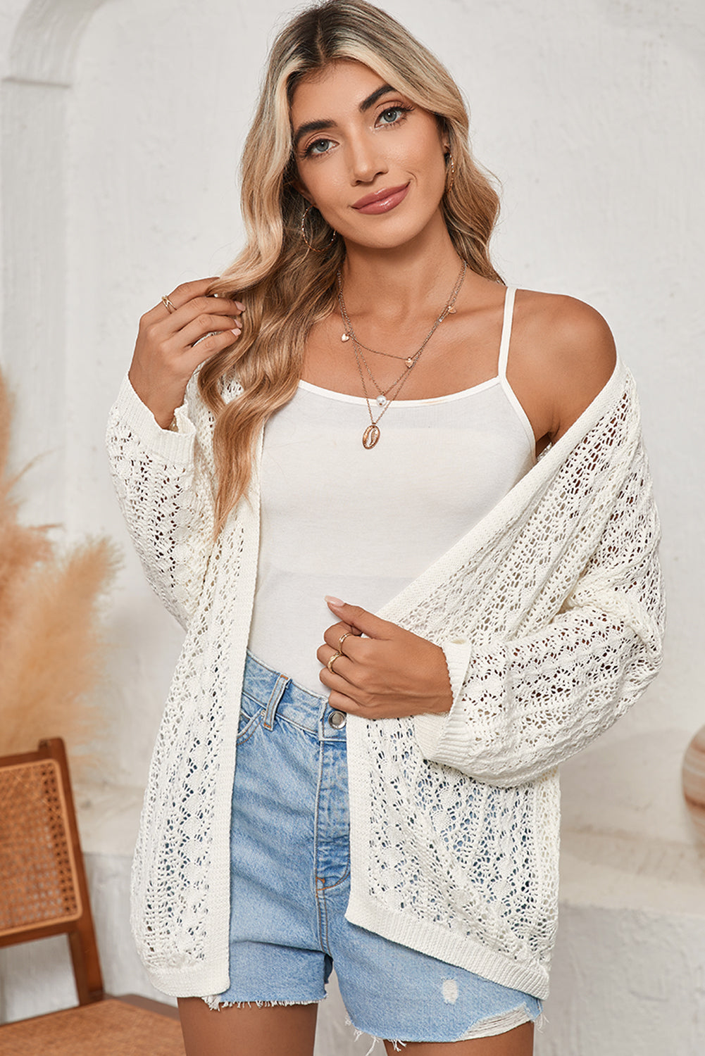 White Hollow Out Crochet Knit Drop Shoulder Open Front Cardigan