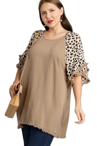 Umgee Linen Blend Animal Print Layered Bell Sleeve Round Neck Top with Frayed Hem Details