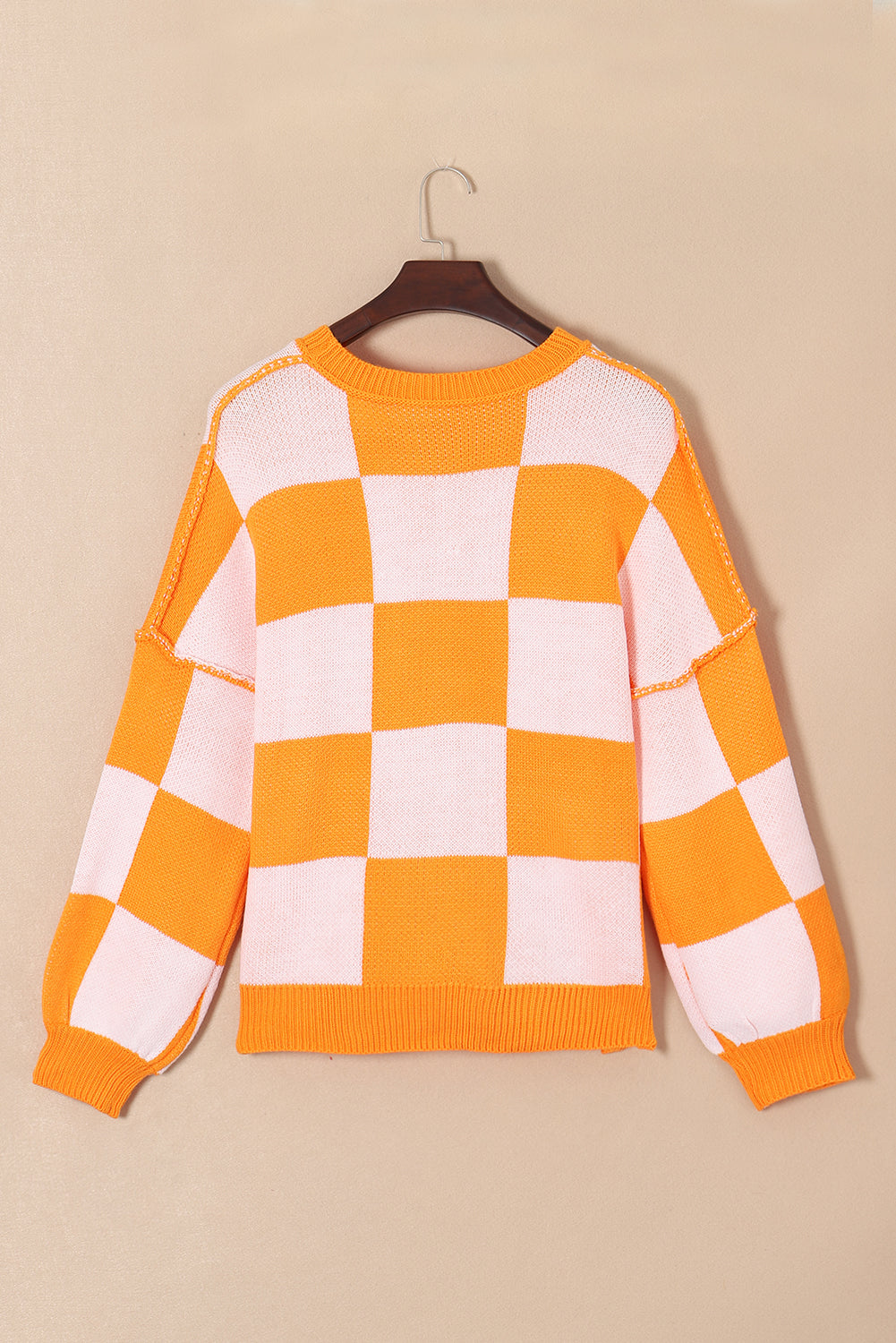 Grapefruit Orange Sequined Halloween Pumpkin Checkered Sweater