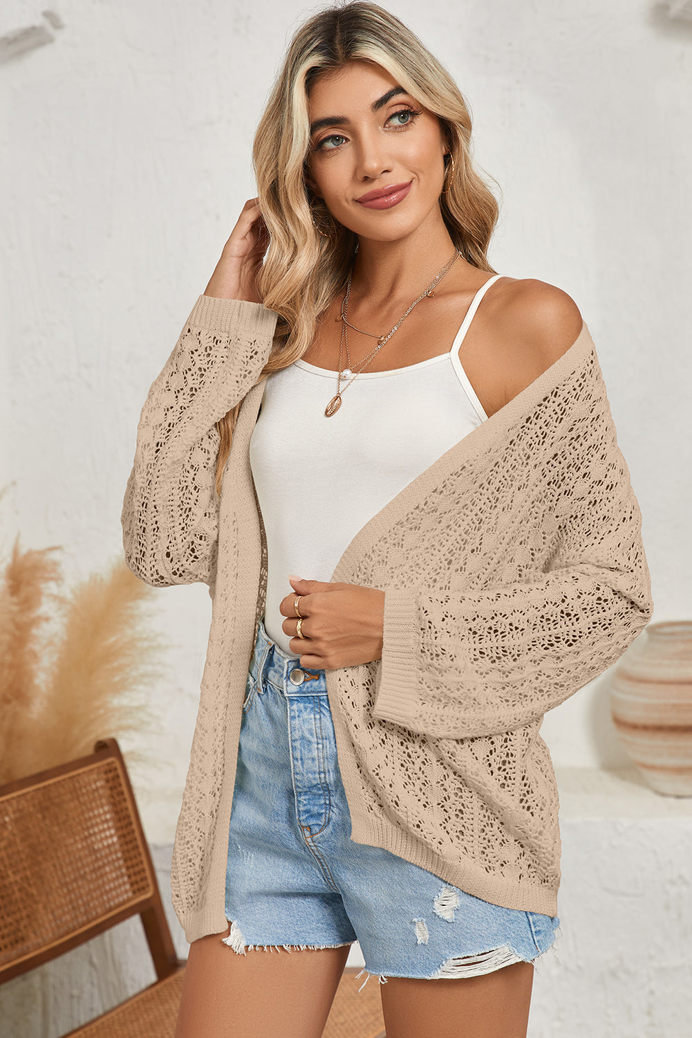 White Hollow Out Crochet Knit Drop Shoulder Open Front Cardigan