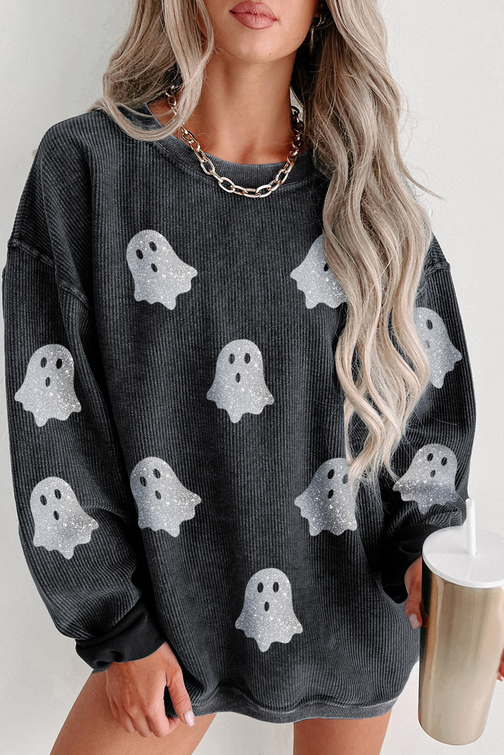 Blue Halloween Ghost Corded Crew Neck Loose Sweatshirt