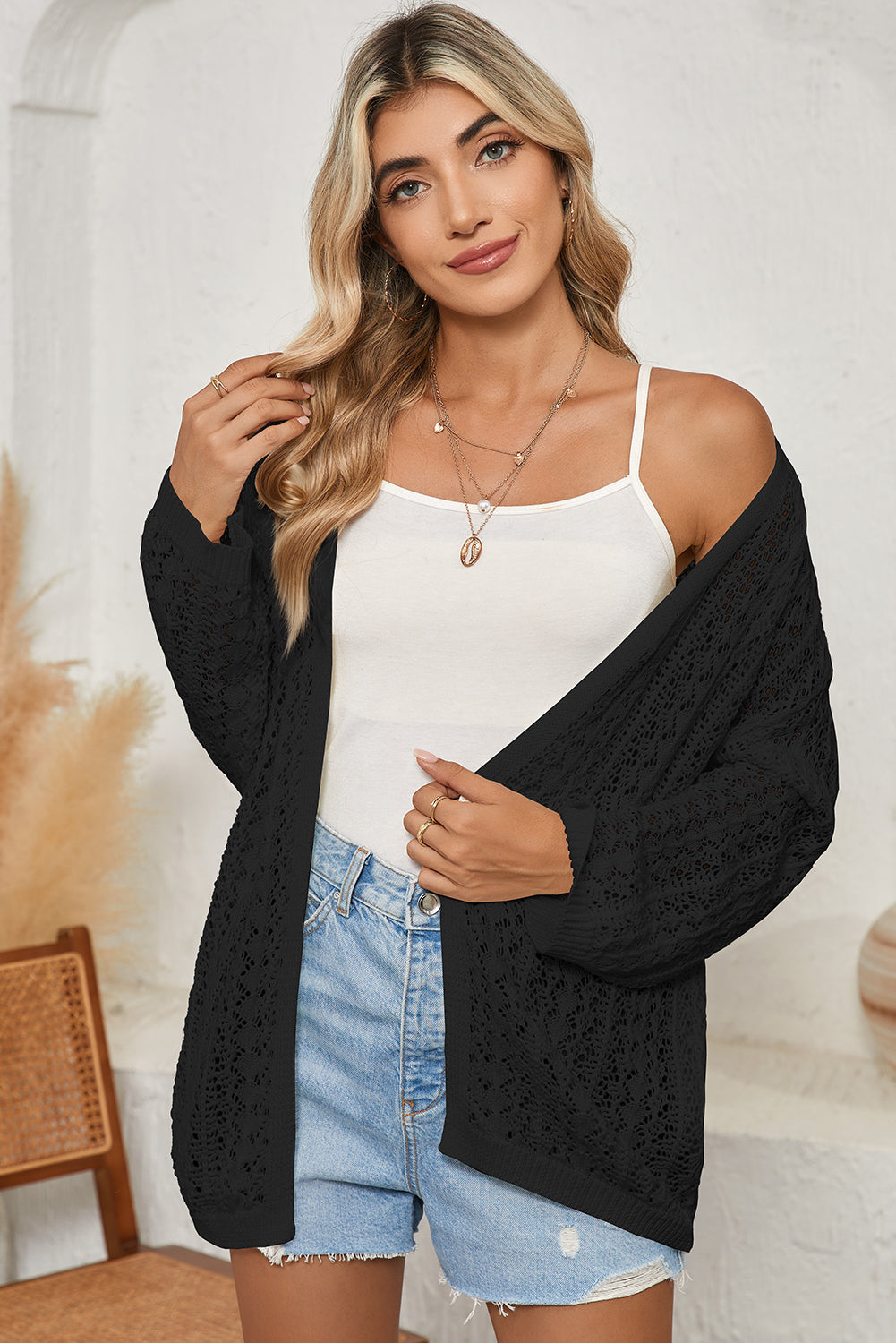 White Hollow Out Crochet Knit Drop Shoulder Open Front Cardigan