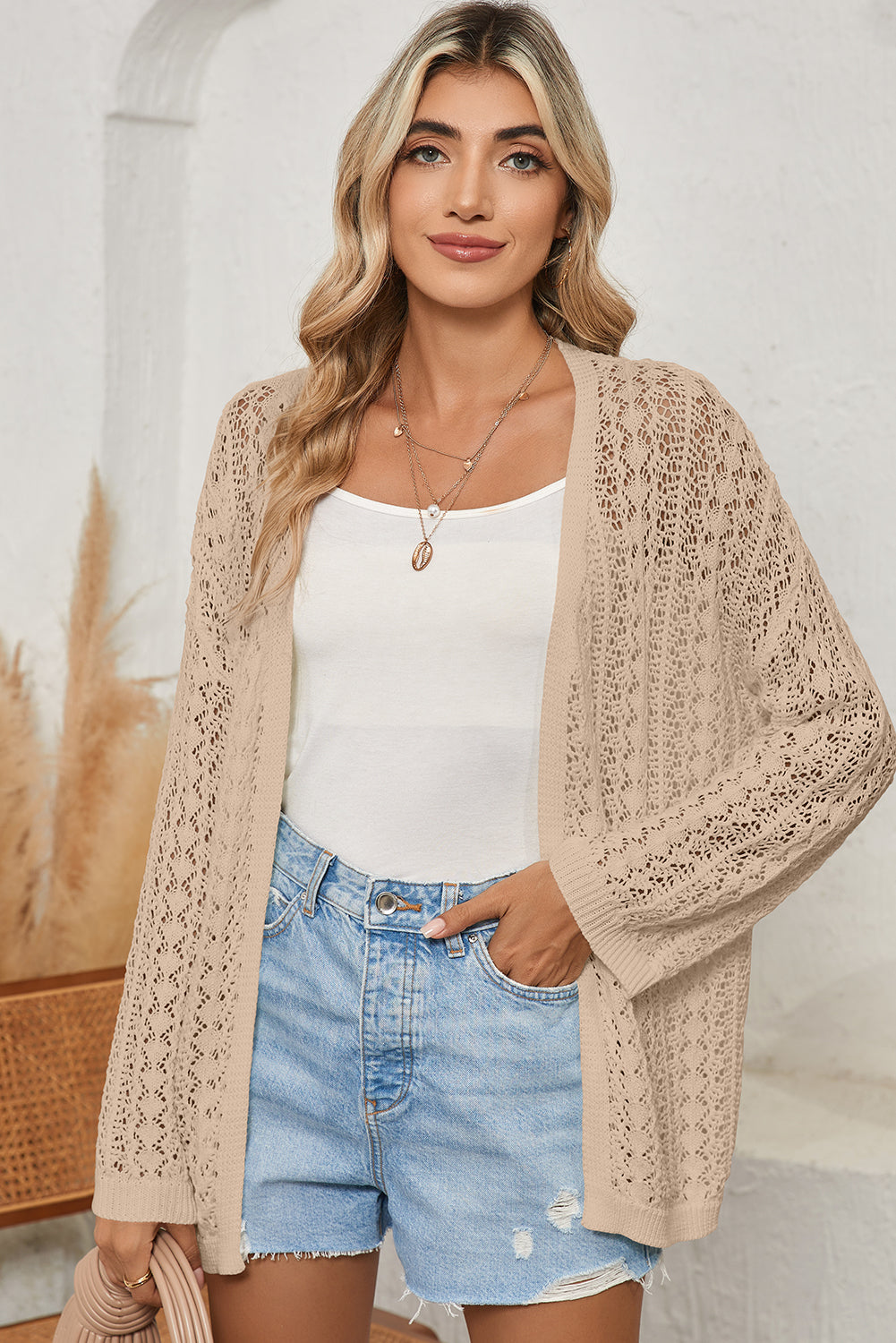 White Hollow Out Crochet Knit Drop Shoulder Open Front Cardigan