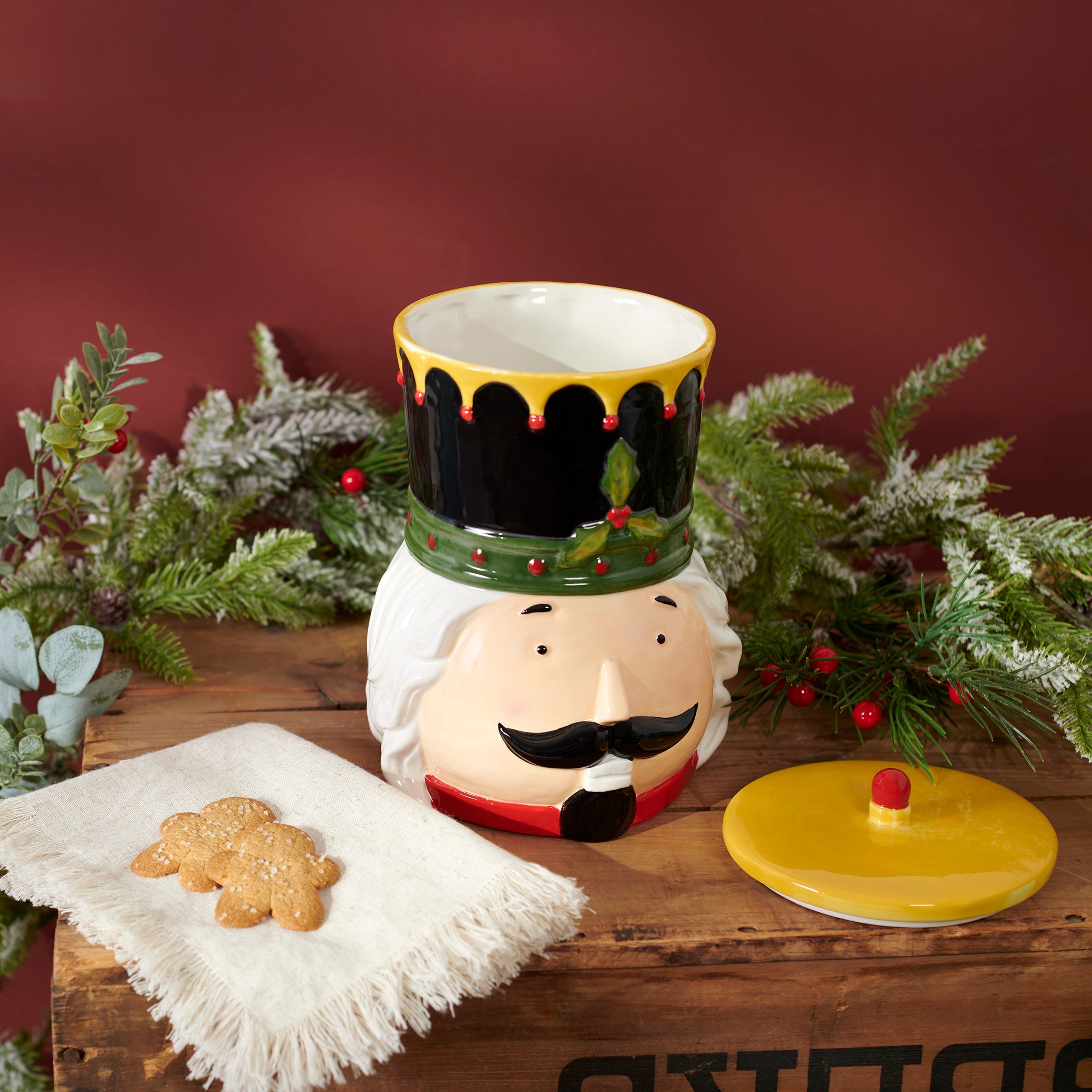 Charming Christmas Nutcracker Ceramic Cookie Jar with Sculpted Details & Hat Lid