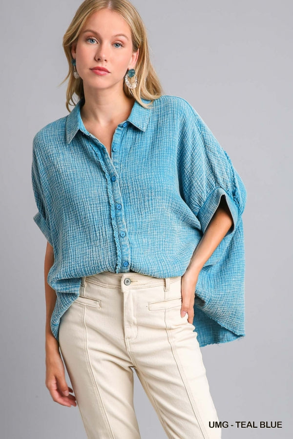 Umgee Cotton Gauze Mineral Wash Button Down Top