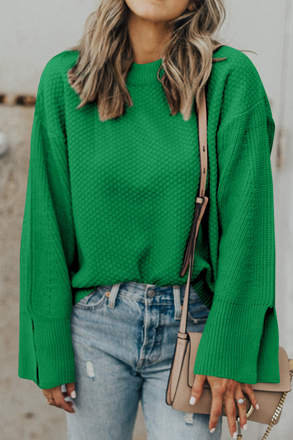 Dark Green Textured Knit Split Cuff Drop Shoulder Loose Sweater