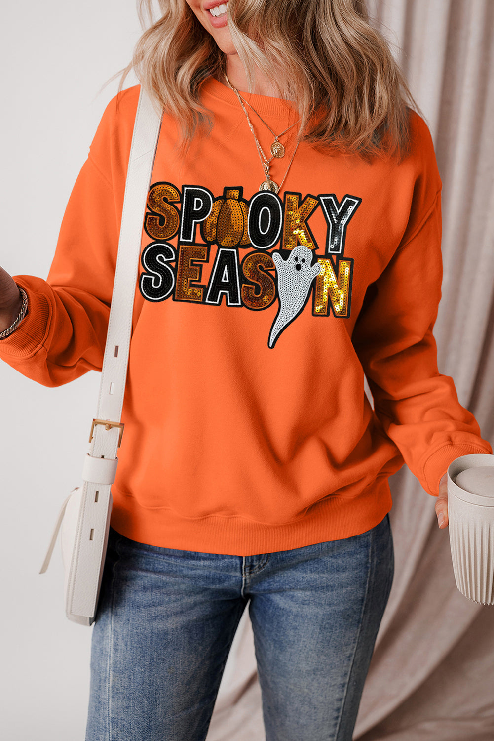 Russet Orange Sequin SPOOKY SEASON Ghost Halloween Graphic Sweatshirt