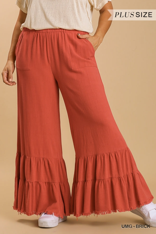 Umgee Linen Blend Wide Ruffle Leg Pants with Pockets and Frayed Hem