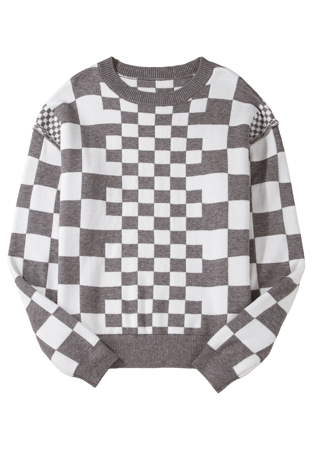 Khaki Checkered Drop Shoulder Round Neck Sweater