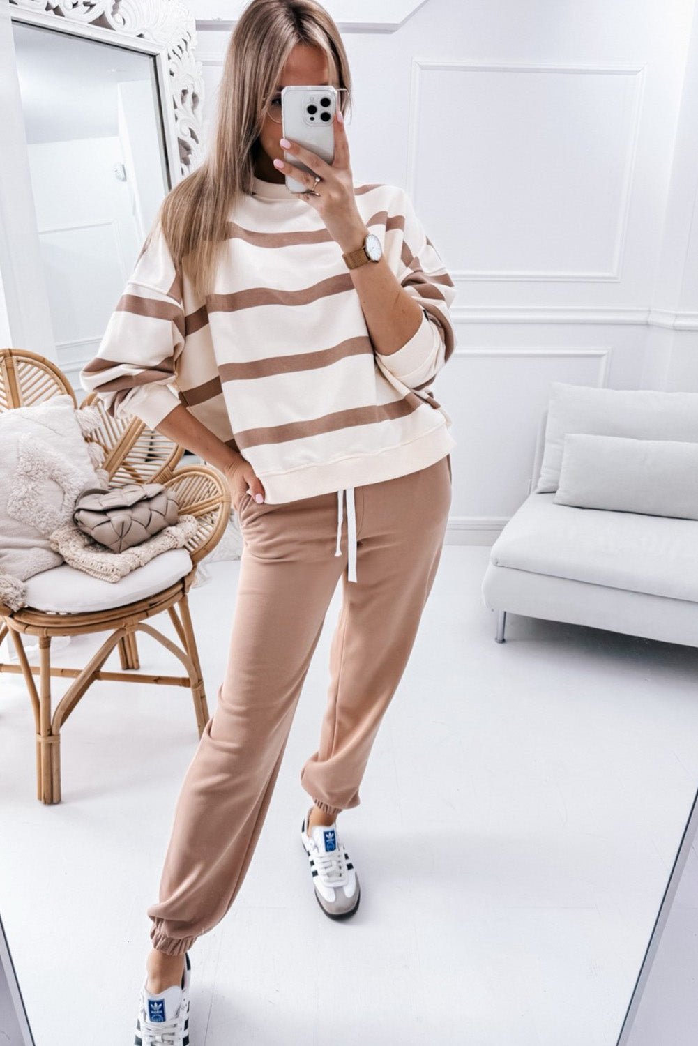 Black Striped Drop Shoulder Pullover and Joggers Set