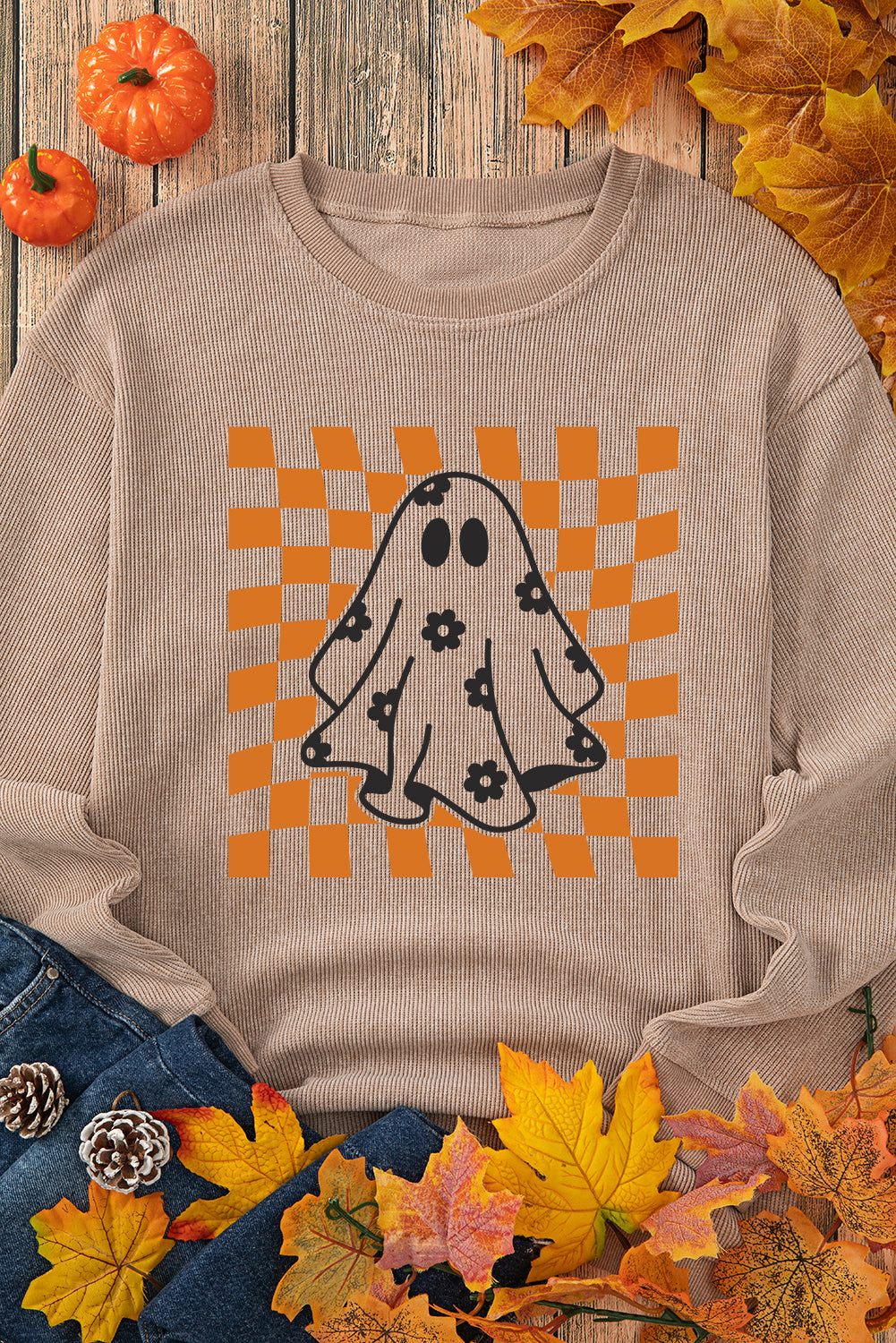 Khaki Checkerboard Floral Ghost Graphic Corded Halloween Sweatshirt