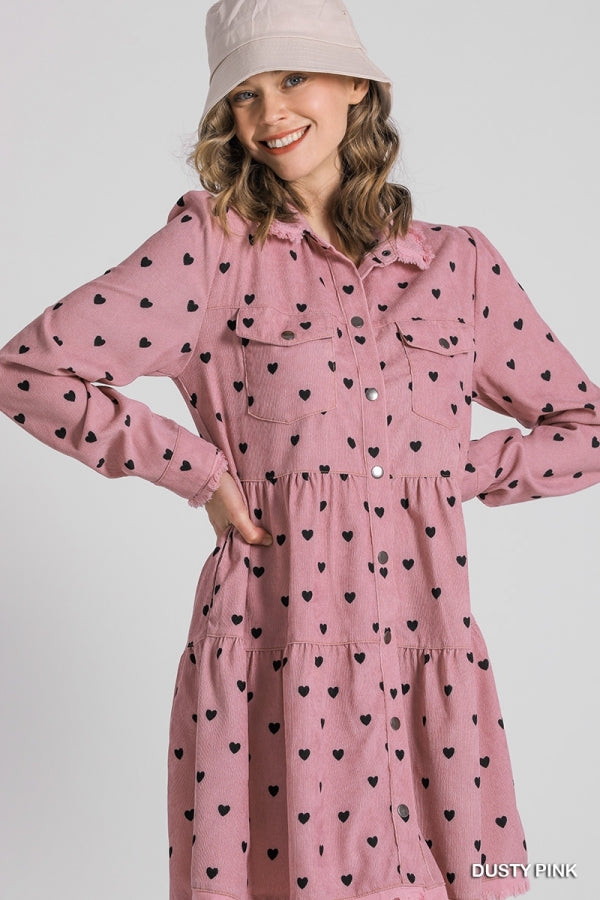 Umgee Corduroy Heart Print Collar Tiered Button Up Dress with Chest Pockets