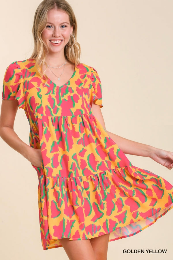 Umgee Abstract Print V-Neck Tiered Dress with Pleat Detail On Sleeves