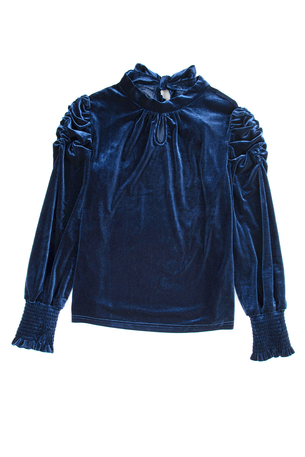 Navy Blue Mock Keyhole Neck Puff Sleeve Velvet Blouse